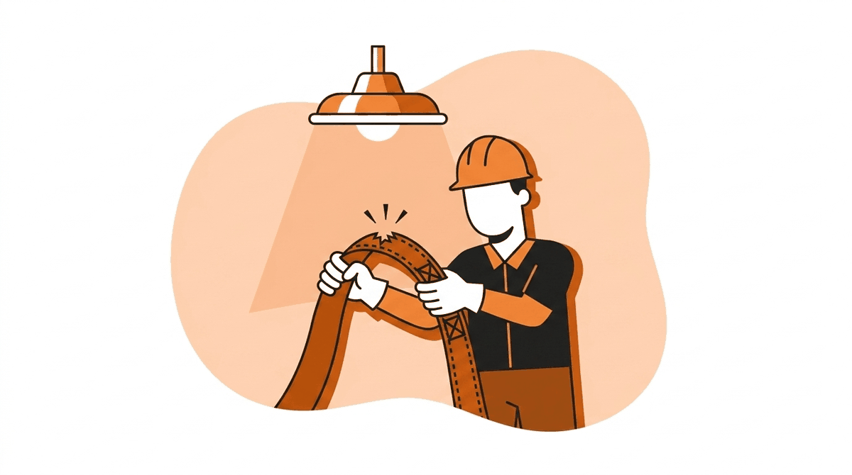 Pre-use harness inspection: worker bending webbing under a work light to check for cuts and fraying