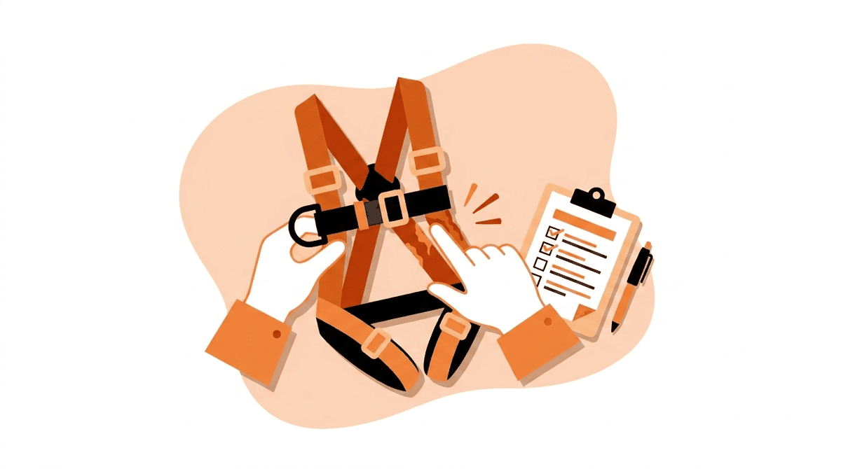 Safety harness inspection checklist: checking D-ring and buckle hardware with a clipboard nearby