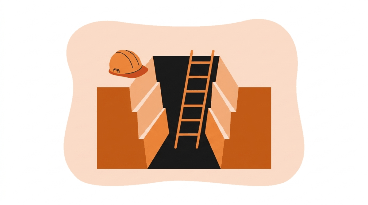 Fatal trench collapse citation: deep unprotected trench with ladder and hard hat at the edge