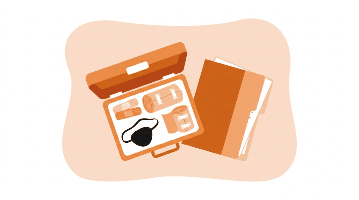 OSHA recordable vs first aid: first aid supplies laid out next to an unopened report folder