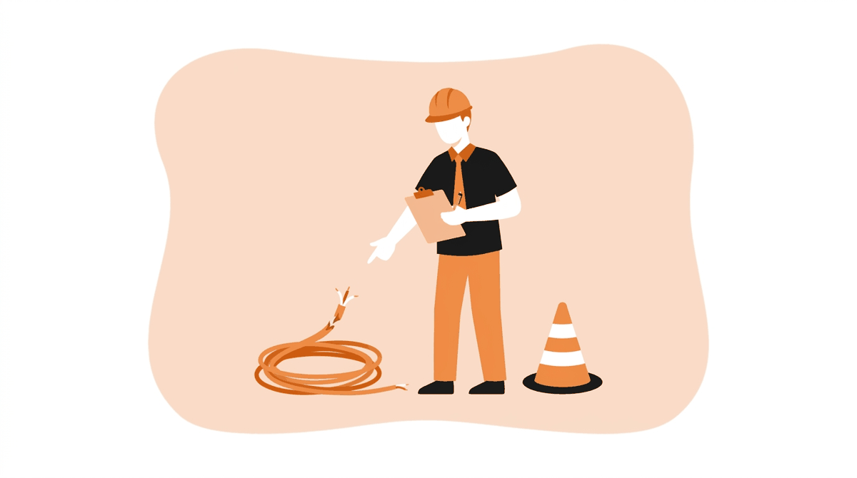 Safety champion duties: worker spotting a cable hazard and recording it on a clipboard