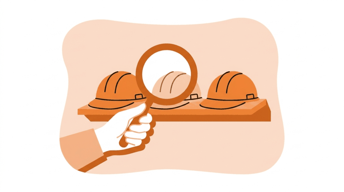 Identifying a safety champion: magnifying glass examining a row of hard hats