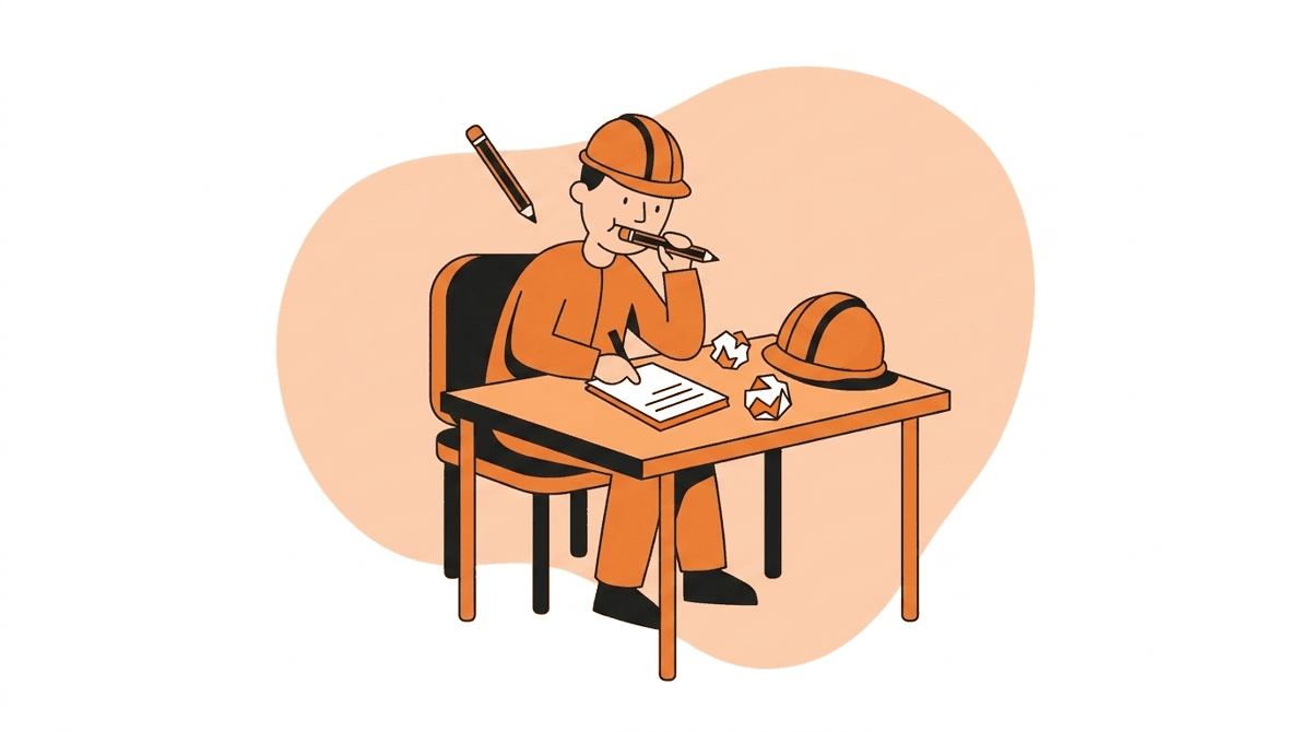 Worker brainstorming how to create workplace safety slogans at a desk with a notepad