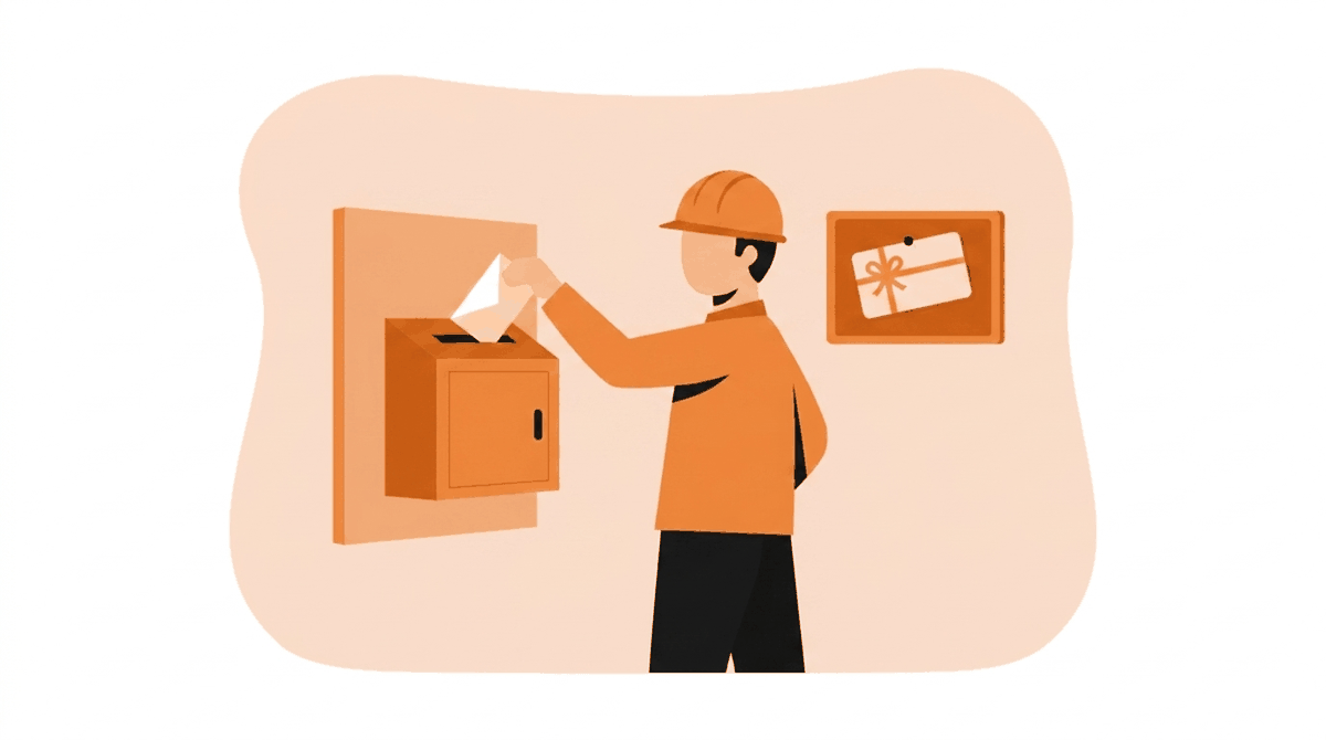Behavior-based safety incentive program: worker submitting a hazard report card into a suggestion box