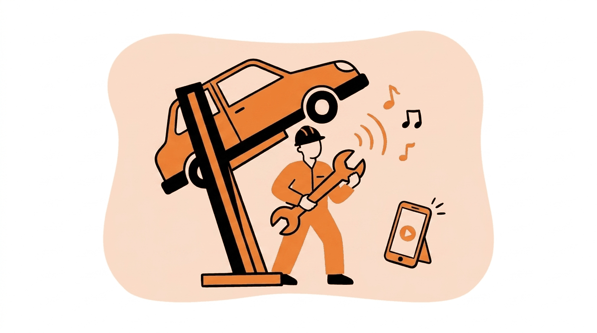 TikTok safety account MechanicLink: mechanic singing into a wrench beneath a car on a lift