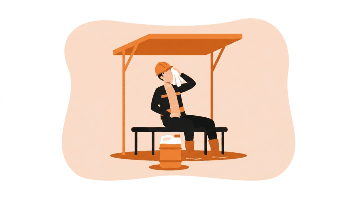 Summer heat safety: worker taking a shaded rest break with water to prevent heat illness