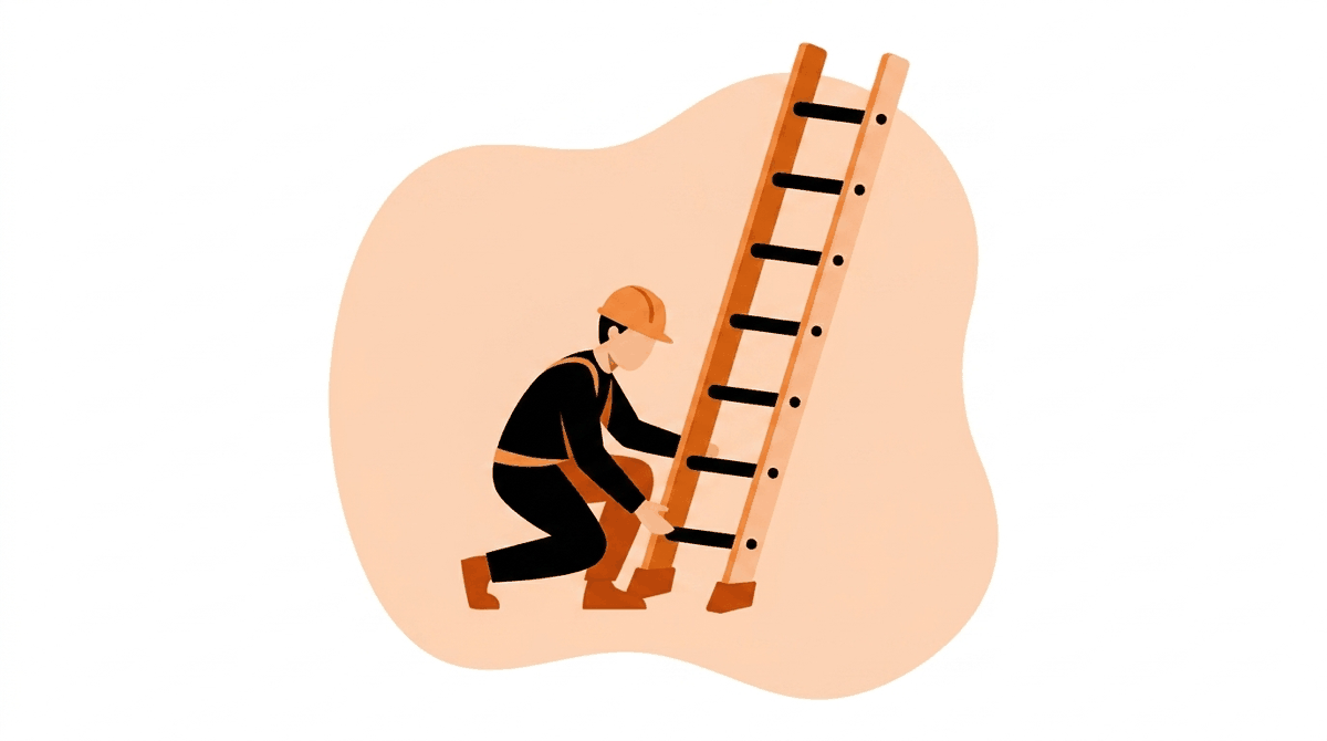 Ladder safety: worker inspecting ladder rungs and feet before use