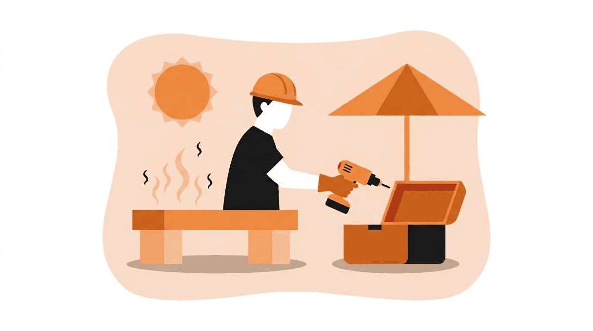 Summer tool safety: worker storing a power drill out of direct sunlight to prevent overheating