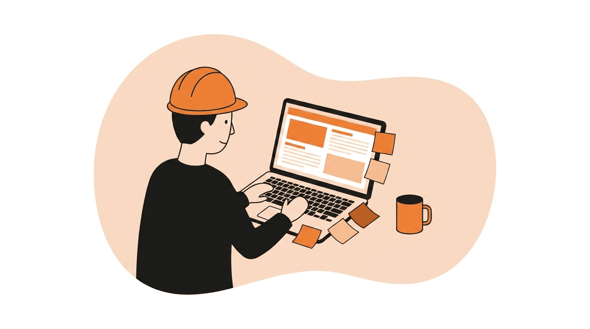 Finding monthly safety topic inspiration: worker researching safety articles on a laptop