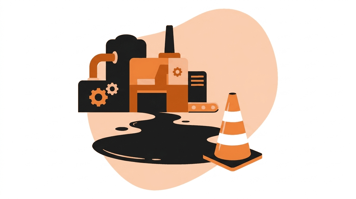 Slips, trips and falls in manufacturing: oil spill and caution cone on the factory floor