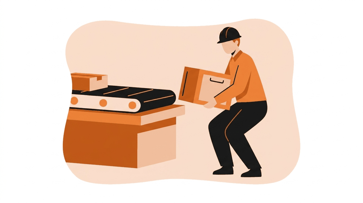 Workplace ergonomics in manufacturing: worker lifting a crate with proper posture beside a conveyor