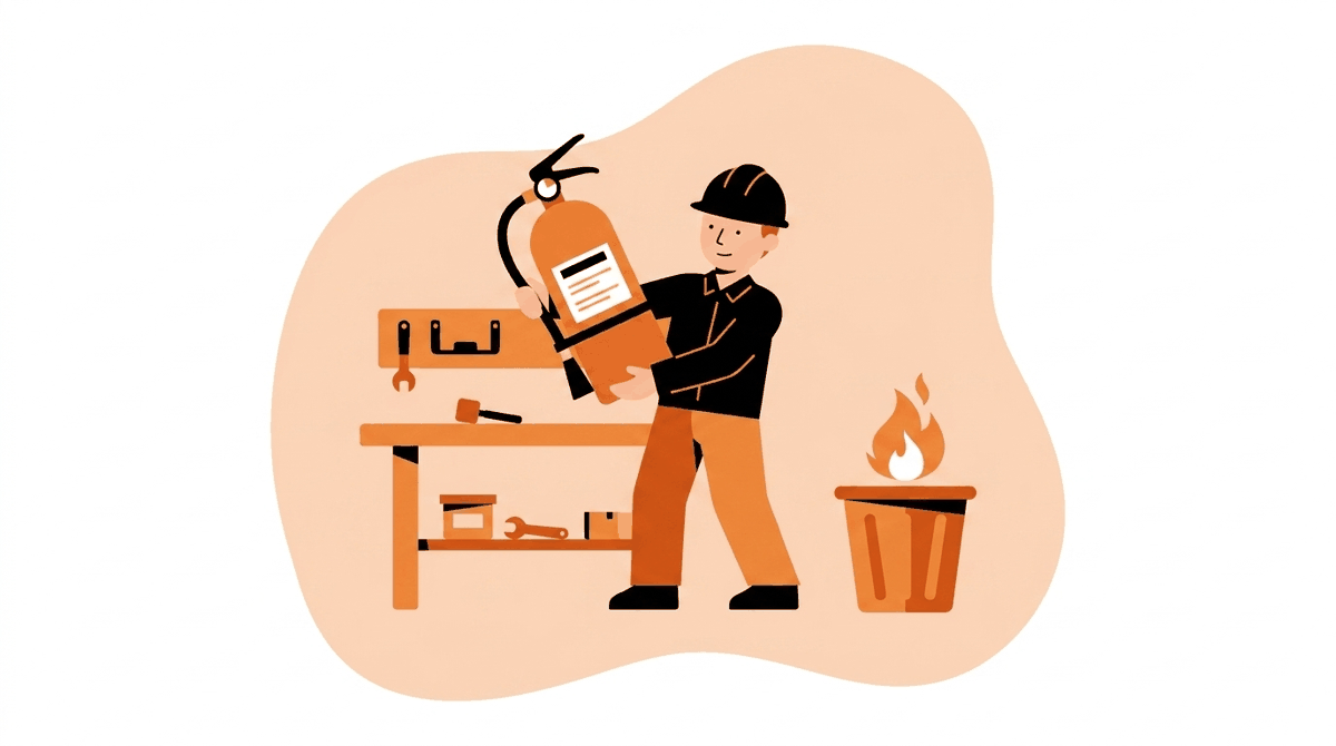 Workplace fire hazards: worker grabbing a fire extinguisher from its wall bracket