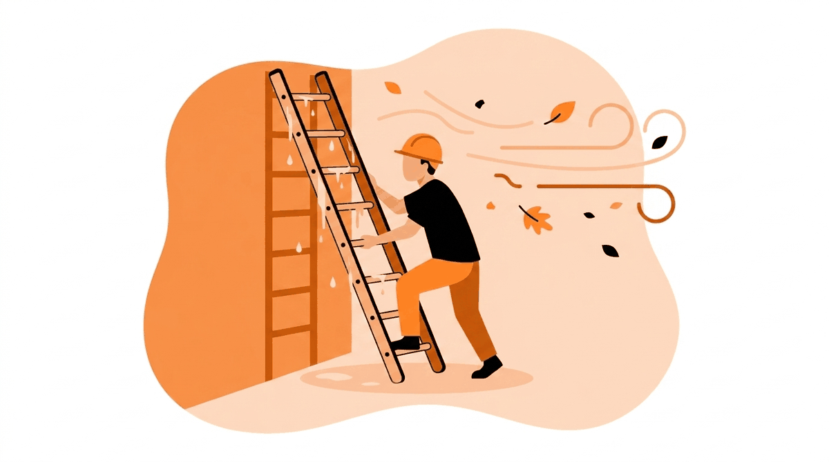 Spring weather extremes: worker securing a wet ladder in high wind