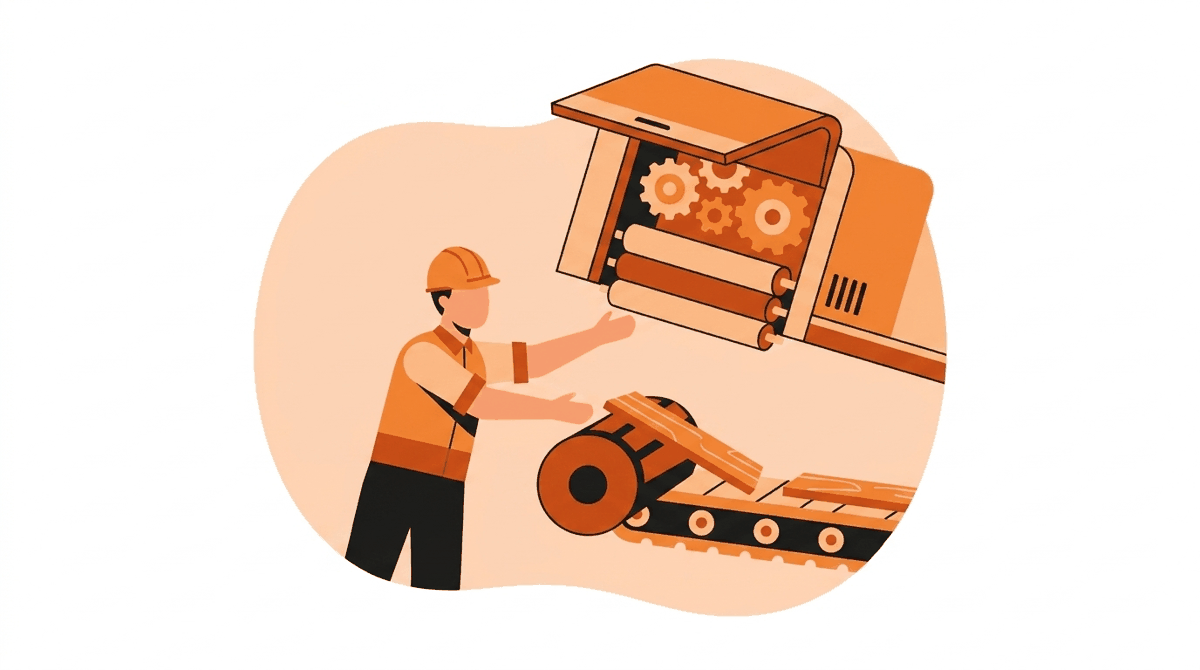Sawmill worker reaching into a jammed infeed roller, illustrating the crushing hazard of stored energy