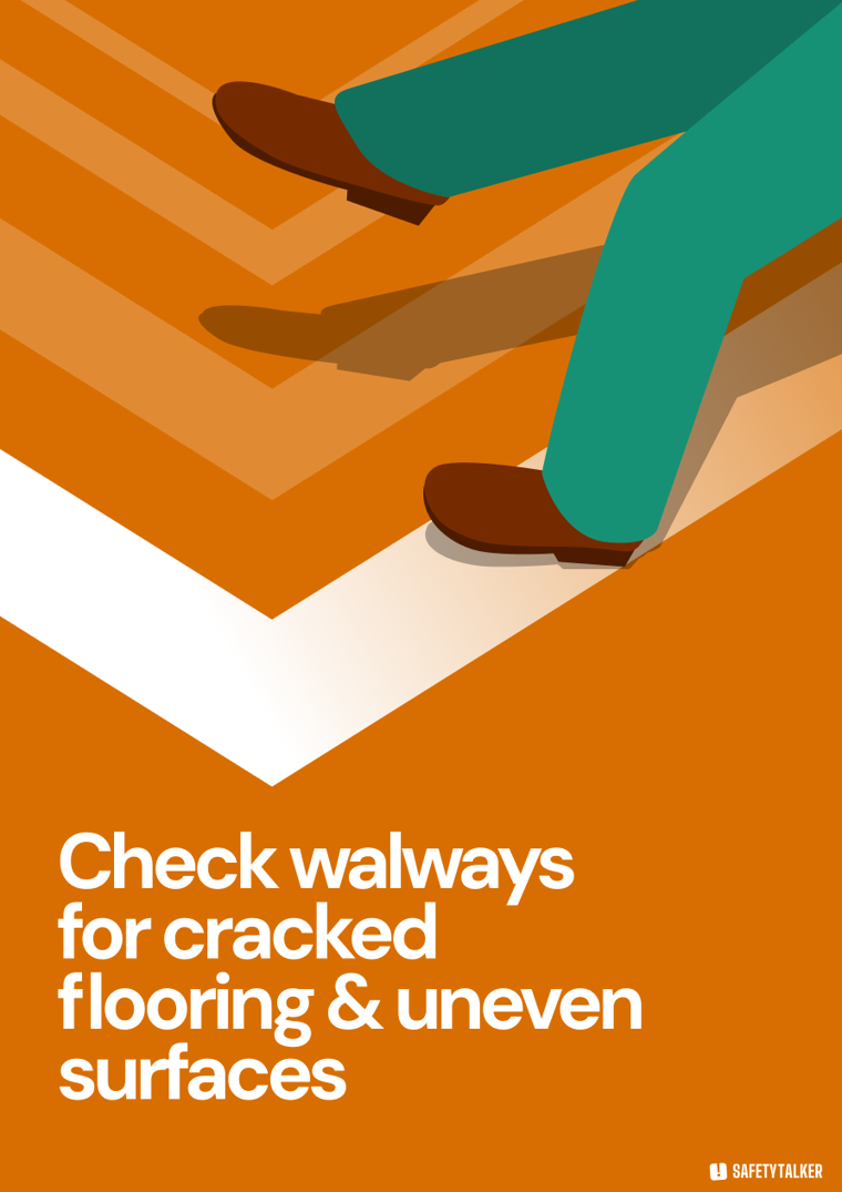 Walkway Hazards Safety Poster: Check walkways for cracked flooring and uneven surfaces.