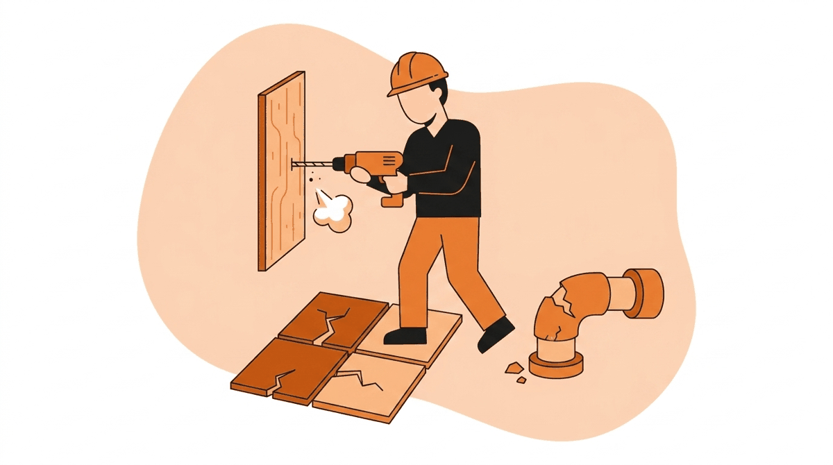 Asbestos hazards: worker drilling into an old panel releasing invisible fiber dust near damaged floor tiles