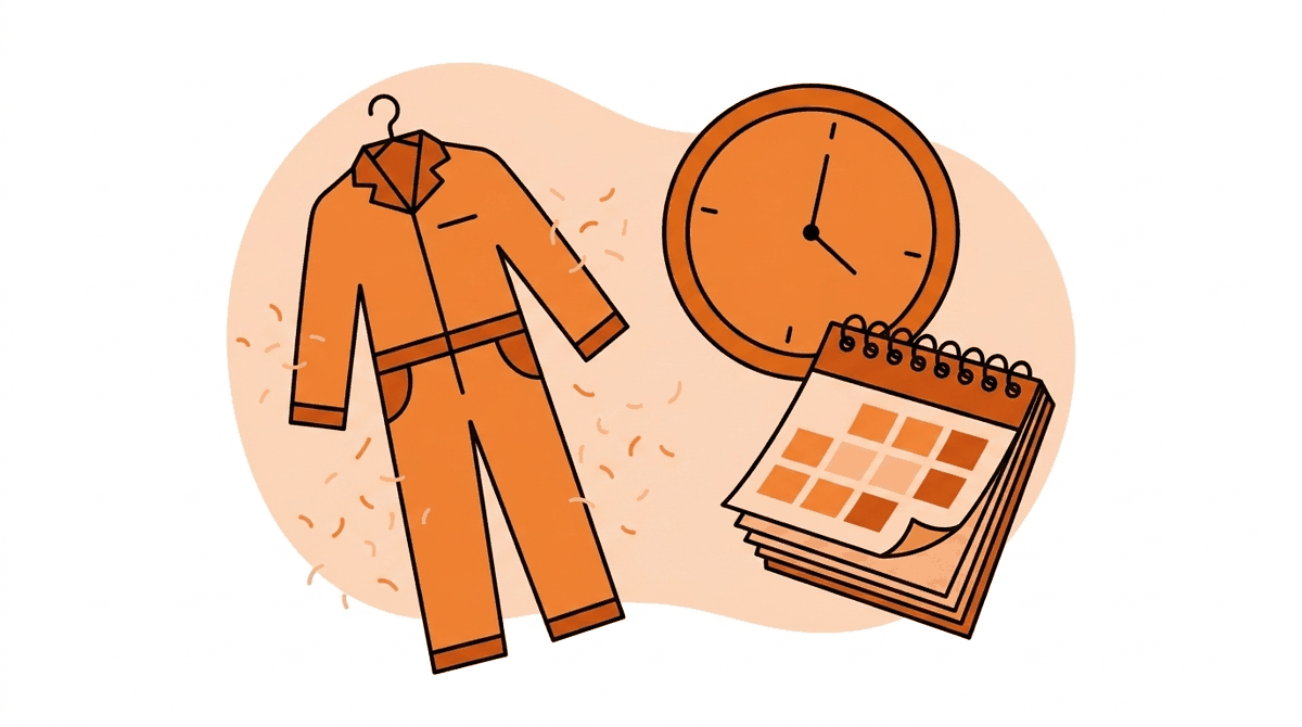 Why asbestos awareness matters: dusty work clothes beside a clock and calendar showing disease arrives decades after exposure