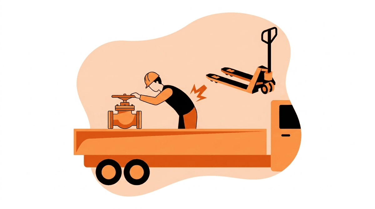 Back injury hazards: worker lifting a heavy valve from a truck bed at arm's length with a rounded, twisting back