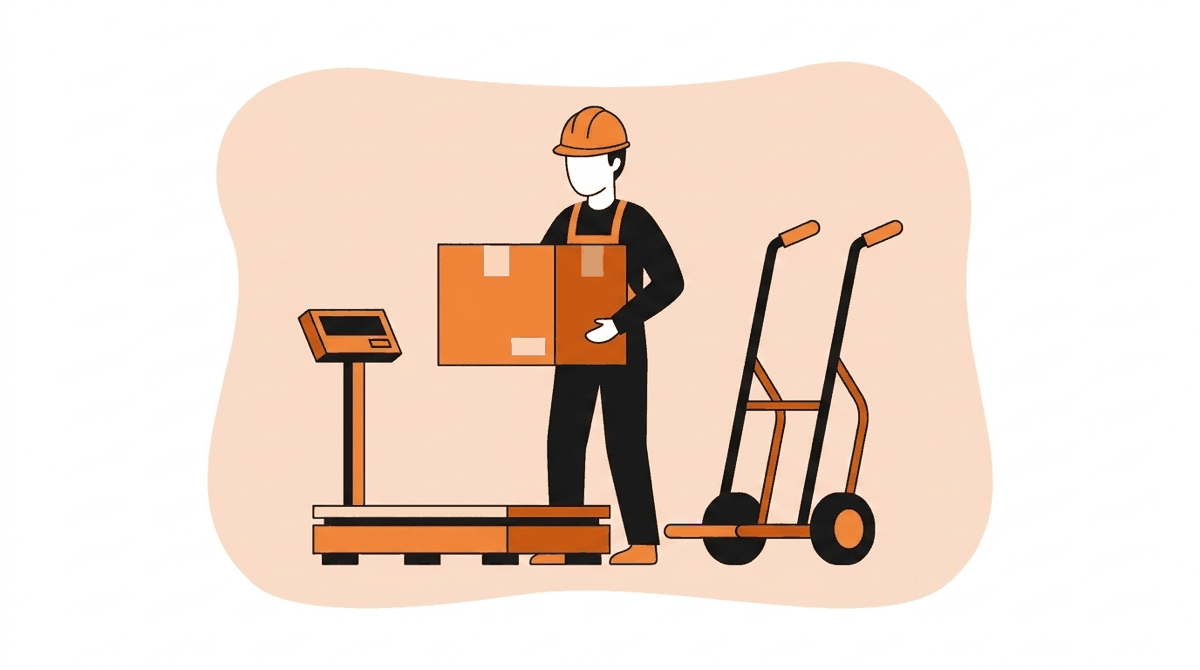 Why back safety matters: worker checking a load on a scale next to a hand truck, reflecting the NIOSH 51-pound lifting guideline