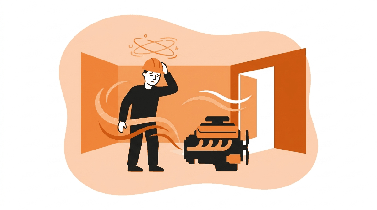 Why carbon monoxide matters: worker with headache and dizziness near an idling engine indoors, steps from fresh air
