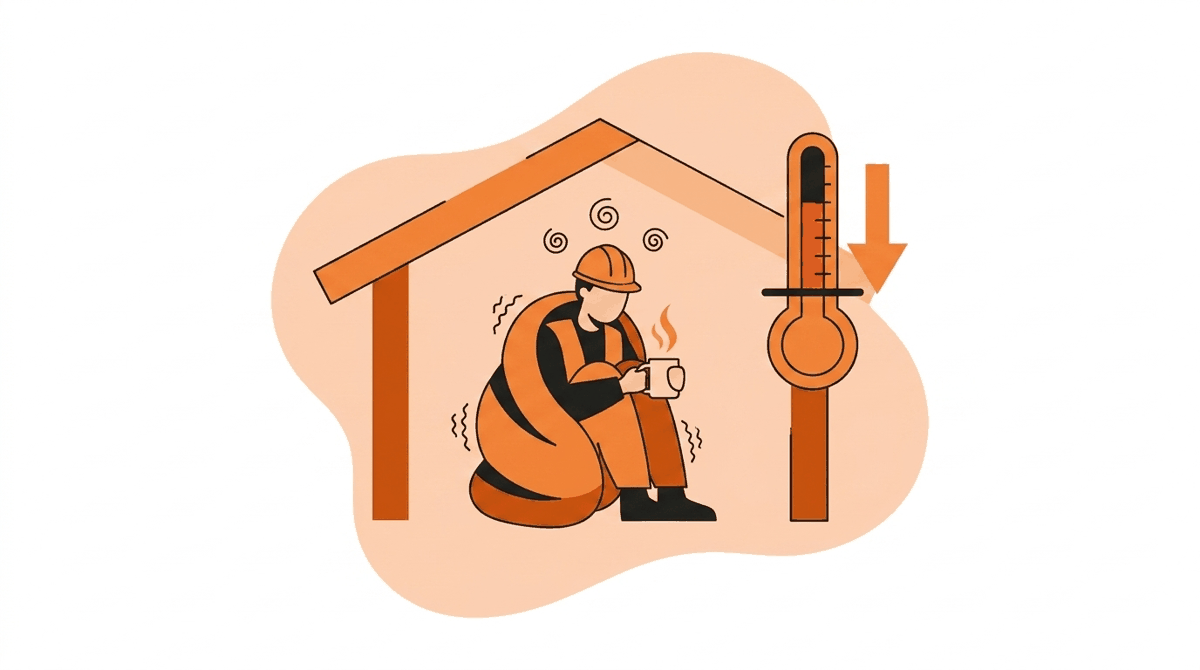 Why cold stress matters: shivering, confused worker warming up with a hot drink as core temperature drops toward hypothermia