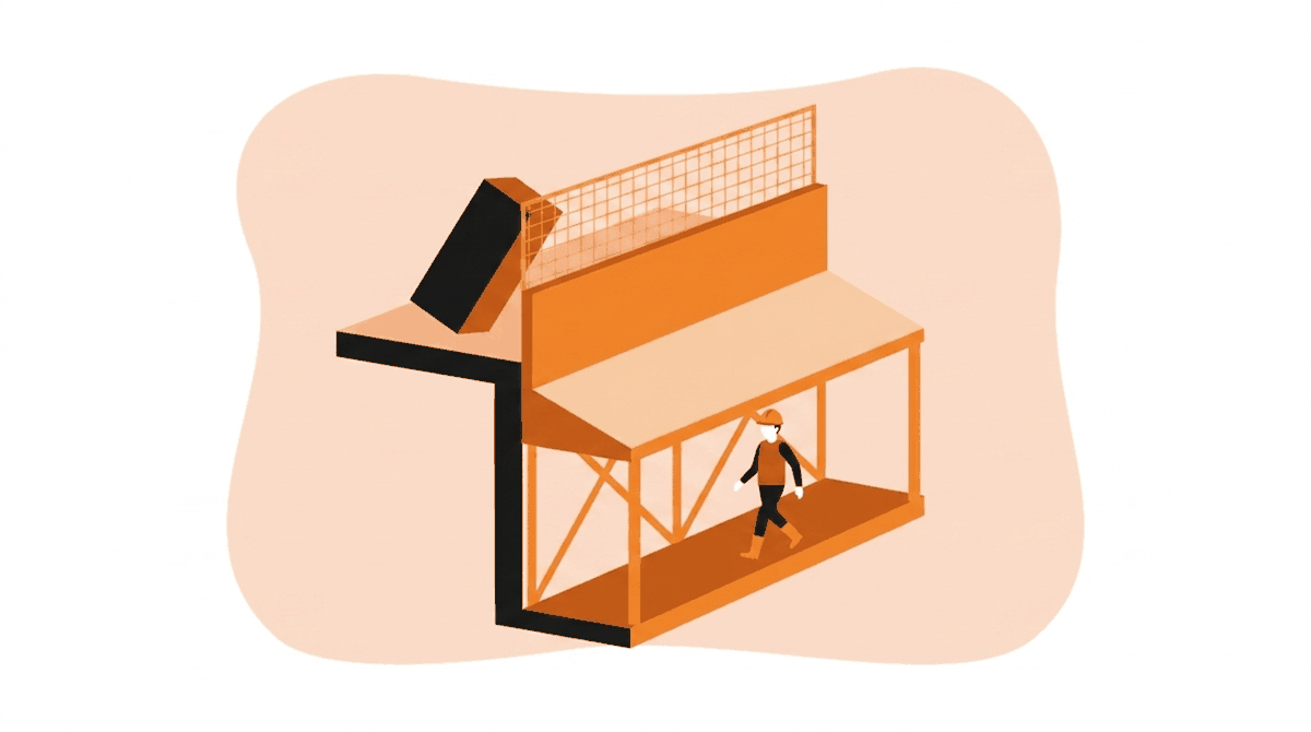 OSHA dropped objects regulations: toeboard, screen and canopy stopping falling objects at a scaffold edge
