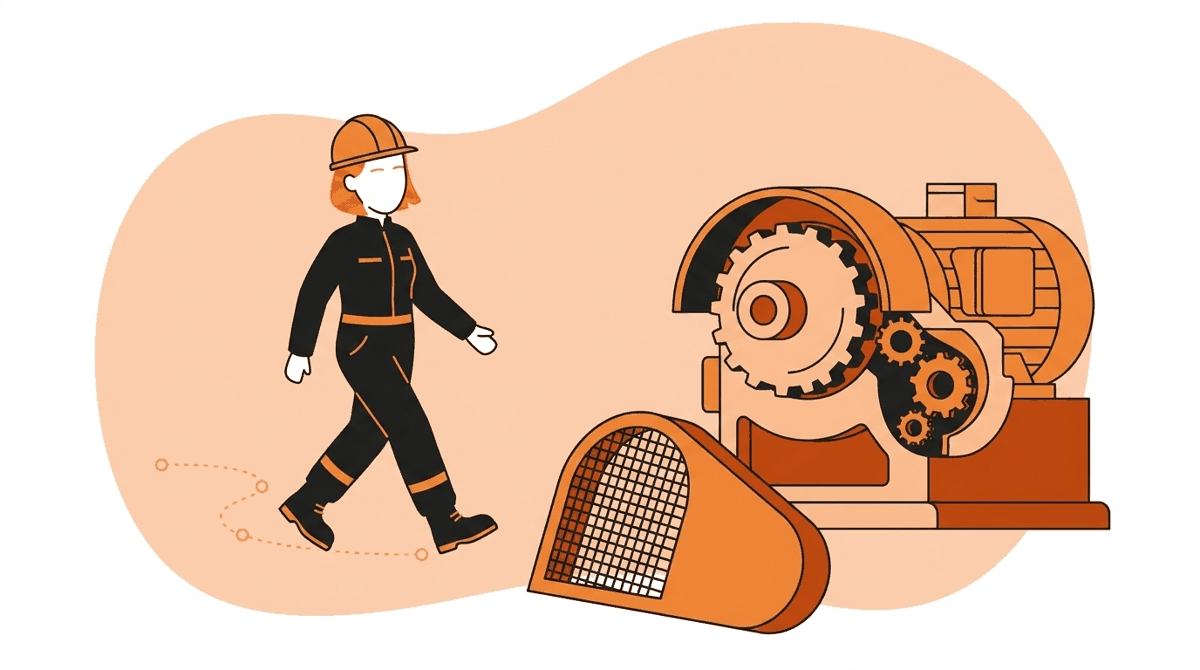 Complacency hazards: worker on autopilot walking past a machine with a missing guard without noticing