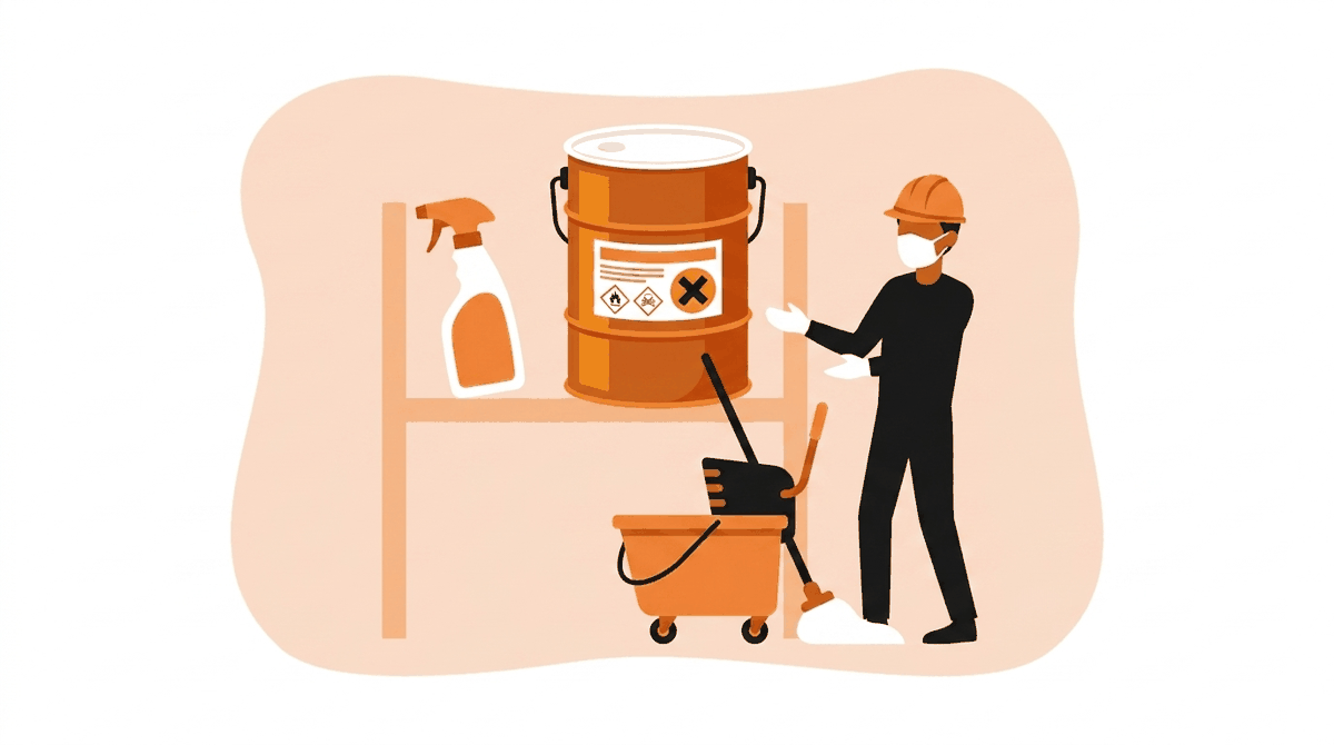 Hazard communication hazards: unlabeled spray bottle beside a labeled chemical drum
