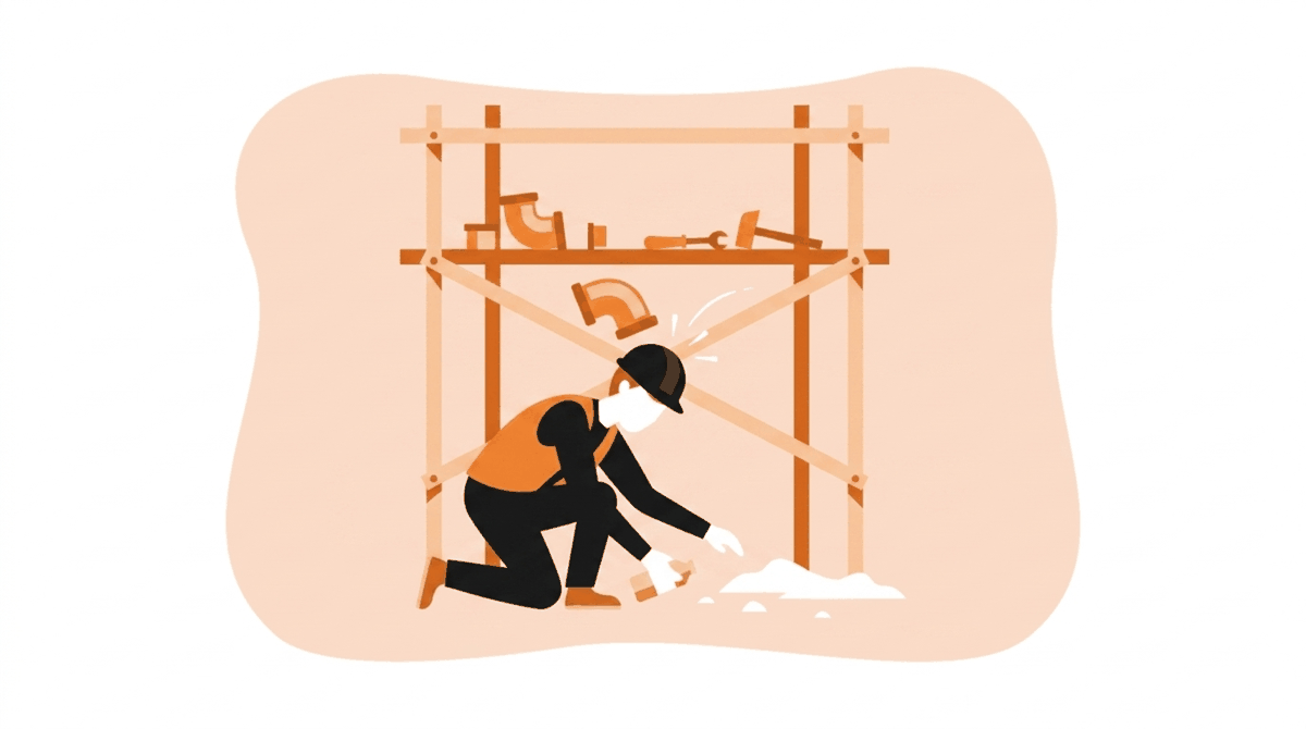 Head protection importance: hard hat deflecting a fitting dropped from a scaffold above