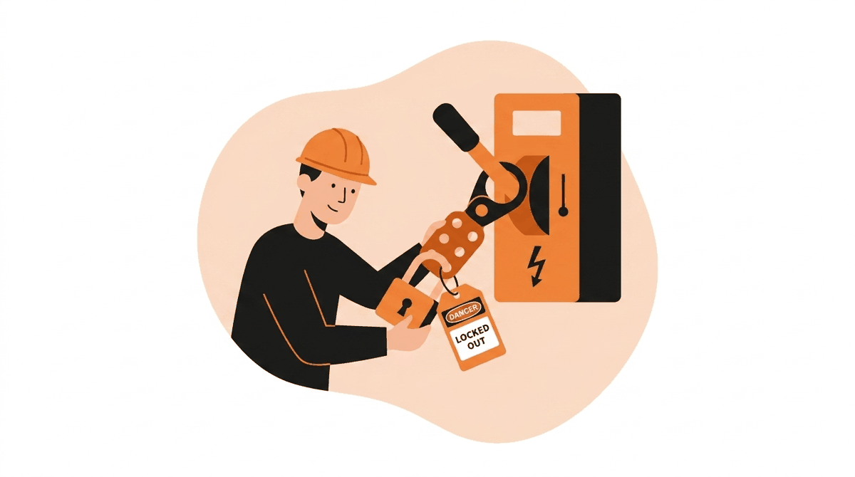 Lockout tagout importance: worker applying a personal padlock and tag to a machine disconnect