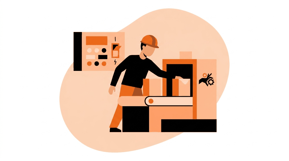Lockout tagout hazards: worker clearing a jam from a machine that was never locked out