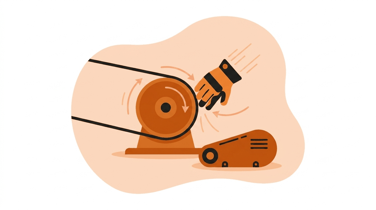Machine guarding hazards: glove pulled toward an unguarded in-running nip point where belt meets pulley