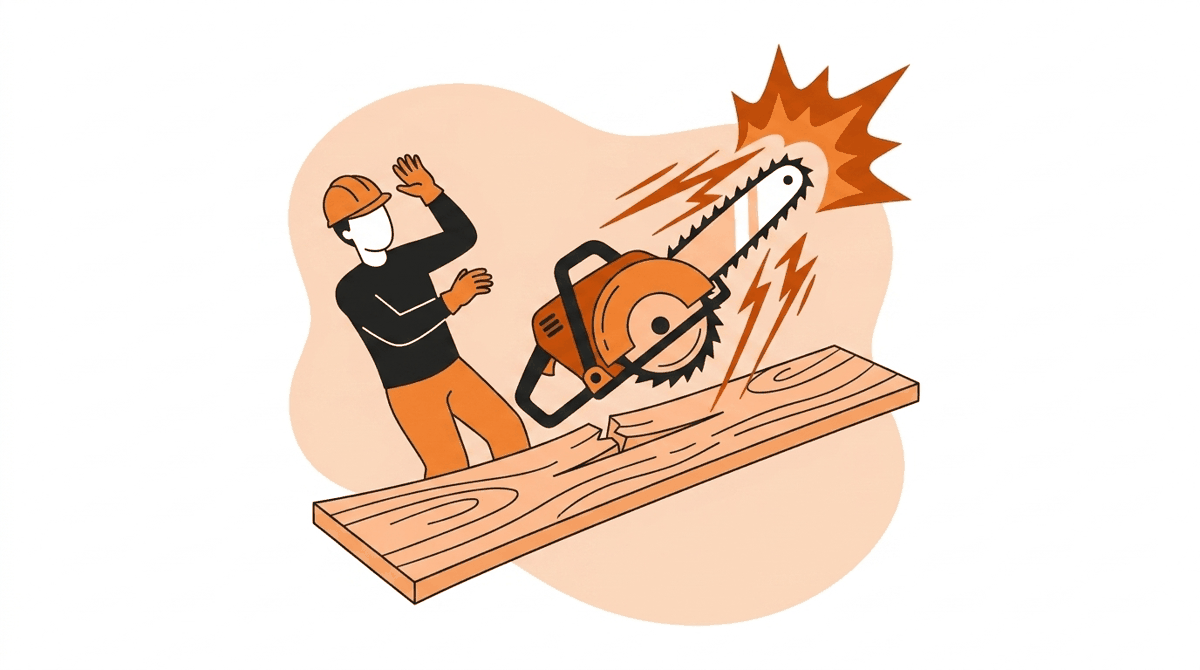 Power tool hazards: circular saw kickback as a sagging, unsupported board pinches the blade