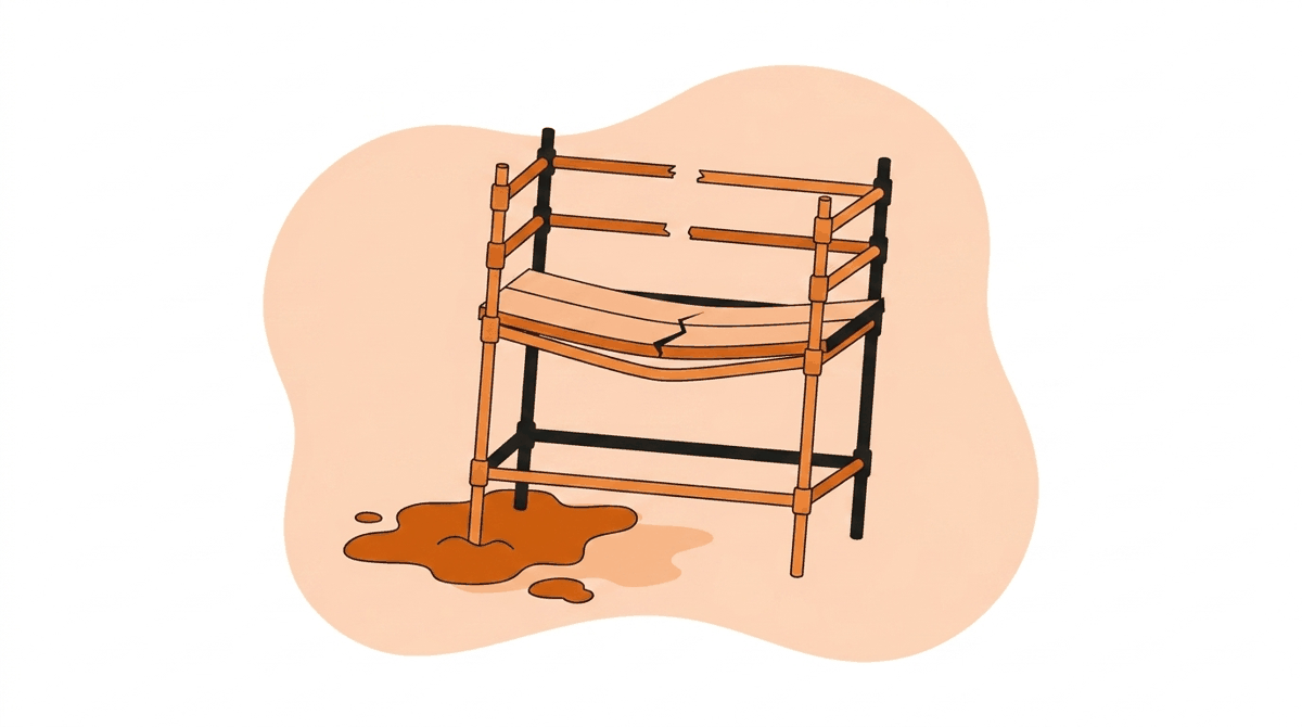 Scaffold hazards: sunken leg, cracked plank and missing guardrail waiting to fail under the next worker