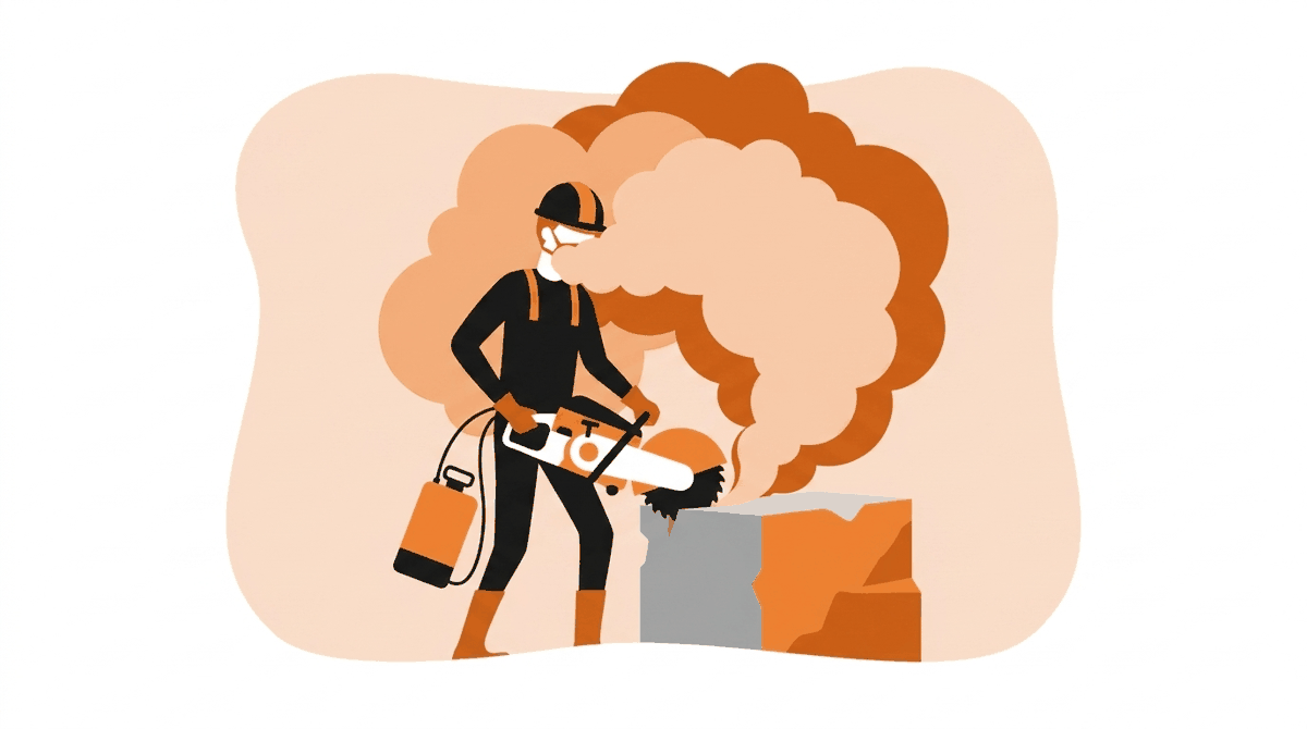Silica dust hazards: dry-cutting concrete raises a dense cloud of respirable silica right in the worker's breathing zone