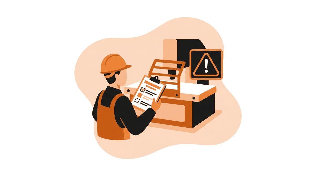 OSHA regulations for unsafe acts: worker reviewing hazard training checklist beside a properly guarded machine