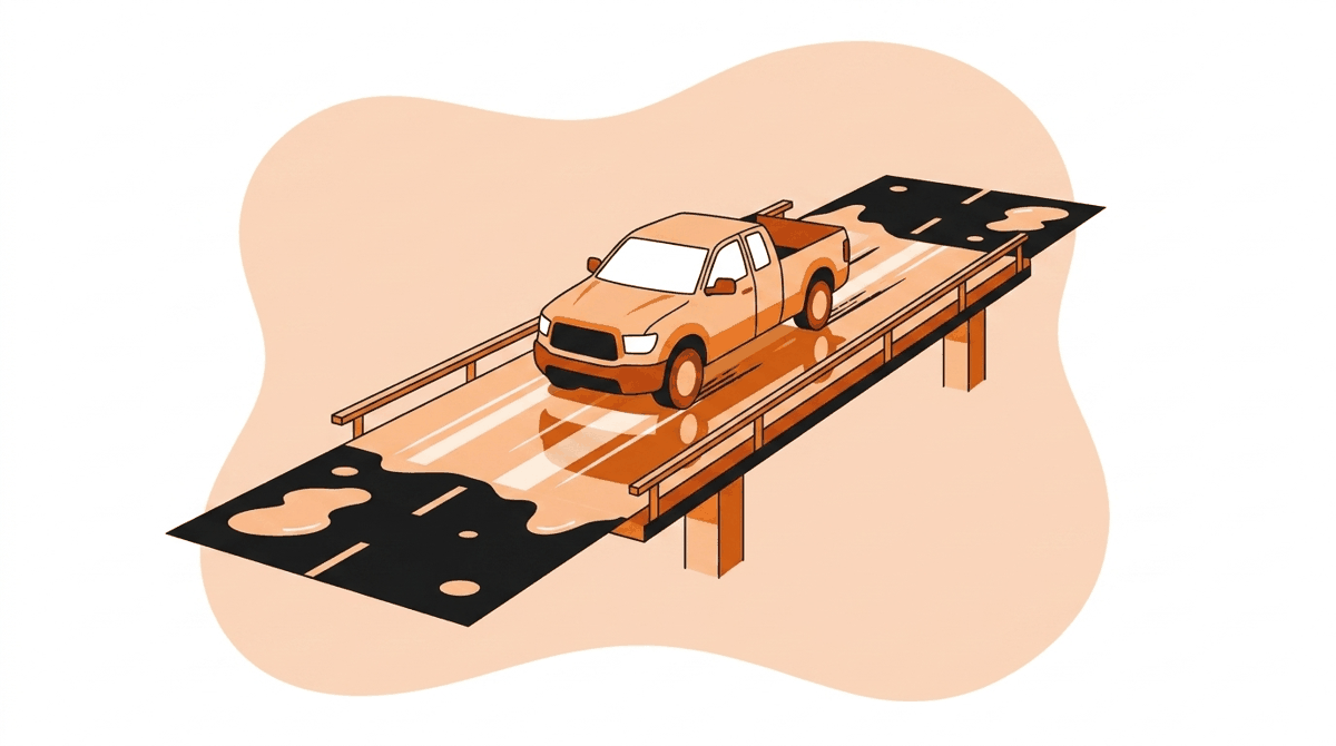 Winter driving hazards: truck hitting black ice on a bridge deck while the rest of the road is only wet