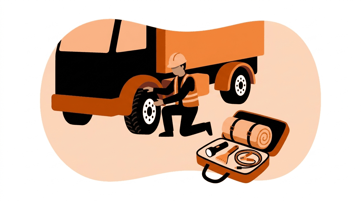 Winter driving preparation: driver doing a vehicle walk-around beside a stocked winter emergency kit